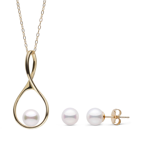 6.0-6.5 mm Akoya Pearl Wishbone Collection Pendant and Stud Earrings Set Yellow Gold