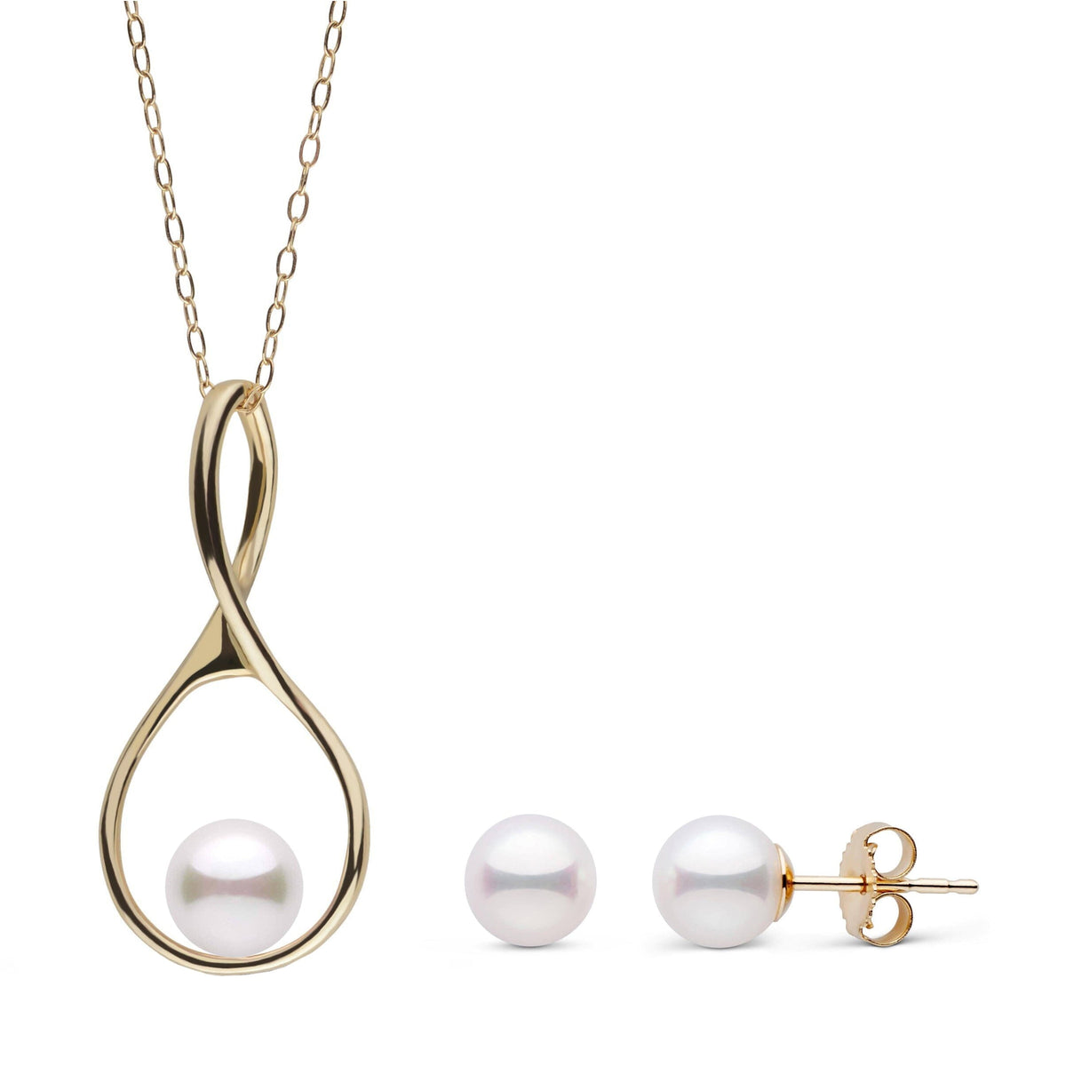 6.5-7.0 mm Akoya Pearl Wishbone Collection Pendant and Stud Earrings Set featuring lustrous white akoya pearls with elegant yellow gold wishbone design on pendant and simple pearl stud earrings.