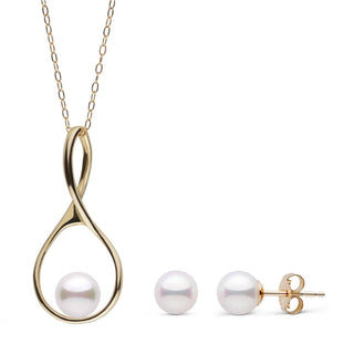 6.5-7.0 mm Akoya Pearl Wishbone Collection Pendant and Stud Earrings Set featuring lustrous white akoya pearls with elegant yellow gold wishbone design on pendant and simple pearl stud earrings.
