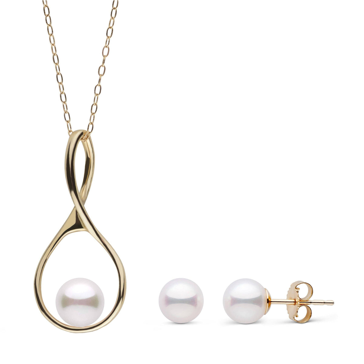 7.0-7.5 mm Akoya Pearl Wishbone Collection Pendant and Stud Earrings Set featuring white akoya pearls on a delicate gold wishbone-shaped pendant and matching stud earrings.