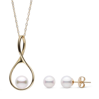 7.0-7.5 mm Akoya Pearl Wishbone Collection Pendant and Stud Earrings Set featuring white akoya pearls on a delicate gold wishbone-shaped pendant and matching stud earrings.