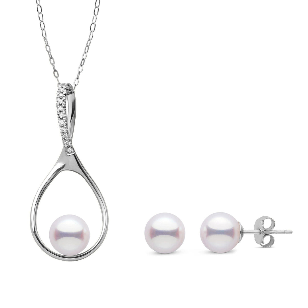 Wishbone Collection 7.0-7.5 mm Akoya Pearl and Diamond Pendant and Stud Earrings Set White Gold