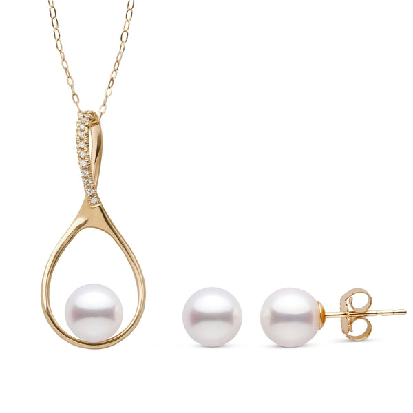 Wishbone Collection 7.5-8.0 mm Freshadama Pearl and Diamond Pendant and Stud Earrings Set Yellow Gold