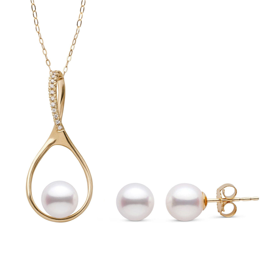 Wishbone Collection 7.5-8.0 mm Freshadama Pearl and Diamond Pendant and Stud Earrings Set Yellow Gold