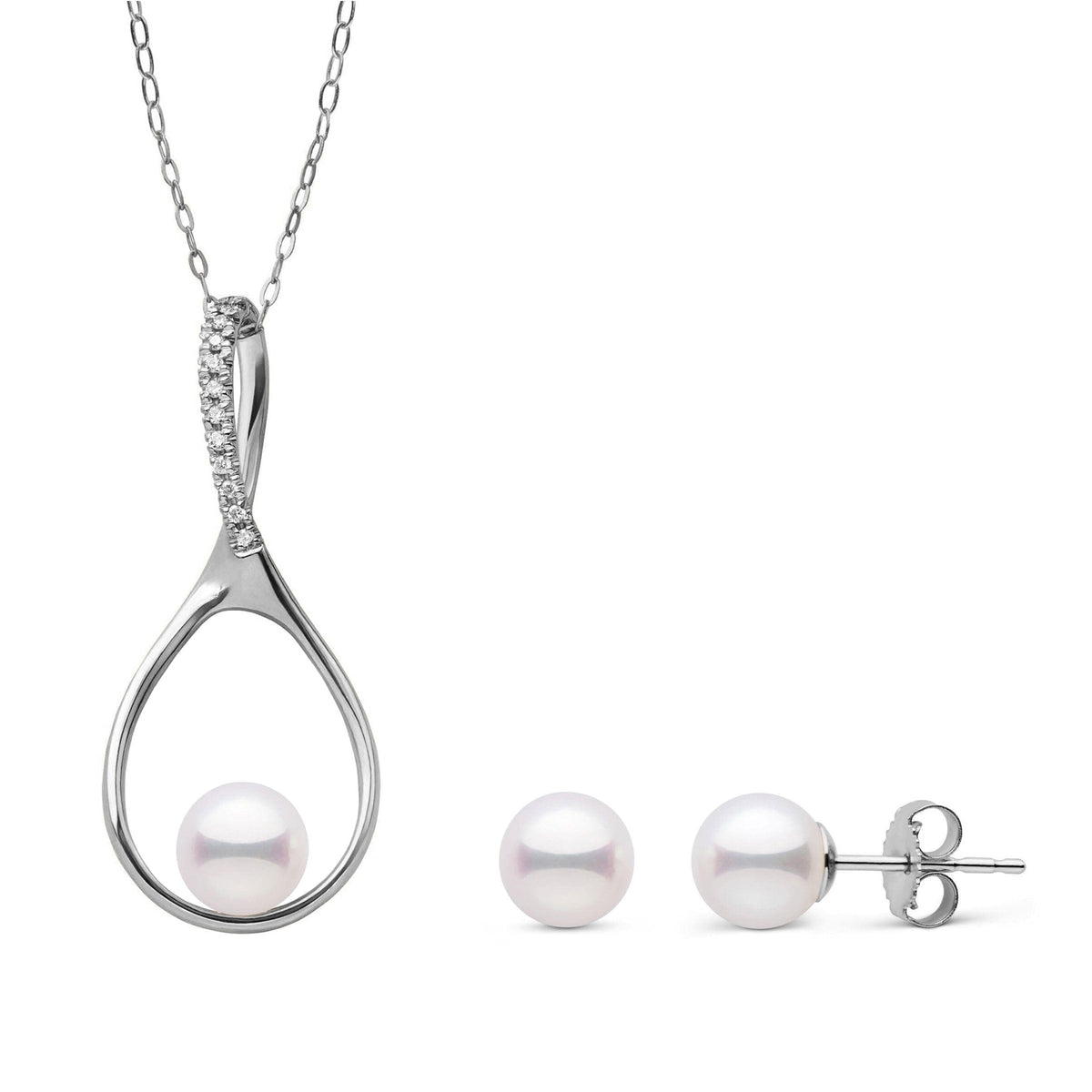 Wishbone Collection 6.5-7.0 mm Akoya Pearl and Diamond Pendant and Stud Earrings Set featuring white Akoya pearls and a 14K white gold wishbone-shaped pendant with diamond accents.