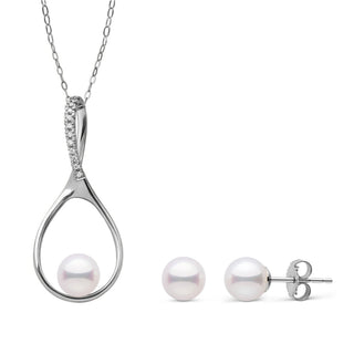 Wishbone Collection 6.5-7.0 mm Akoya Pearl and Diamond Pendant and Stud Earrings Set featuring white Akoya pearls and a 14K white gold wishbone-shaped pendant with diamond accents.