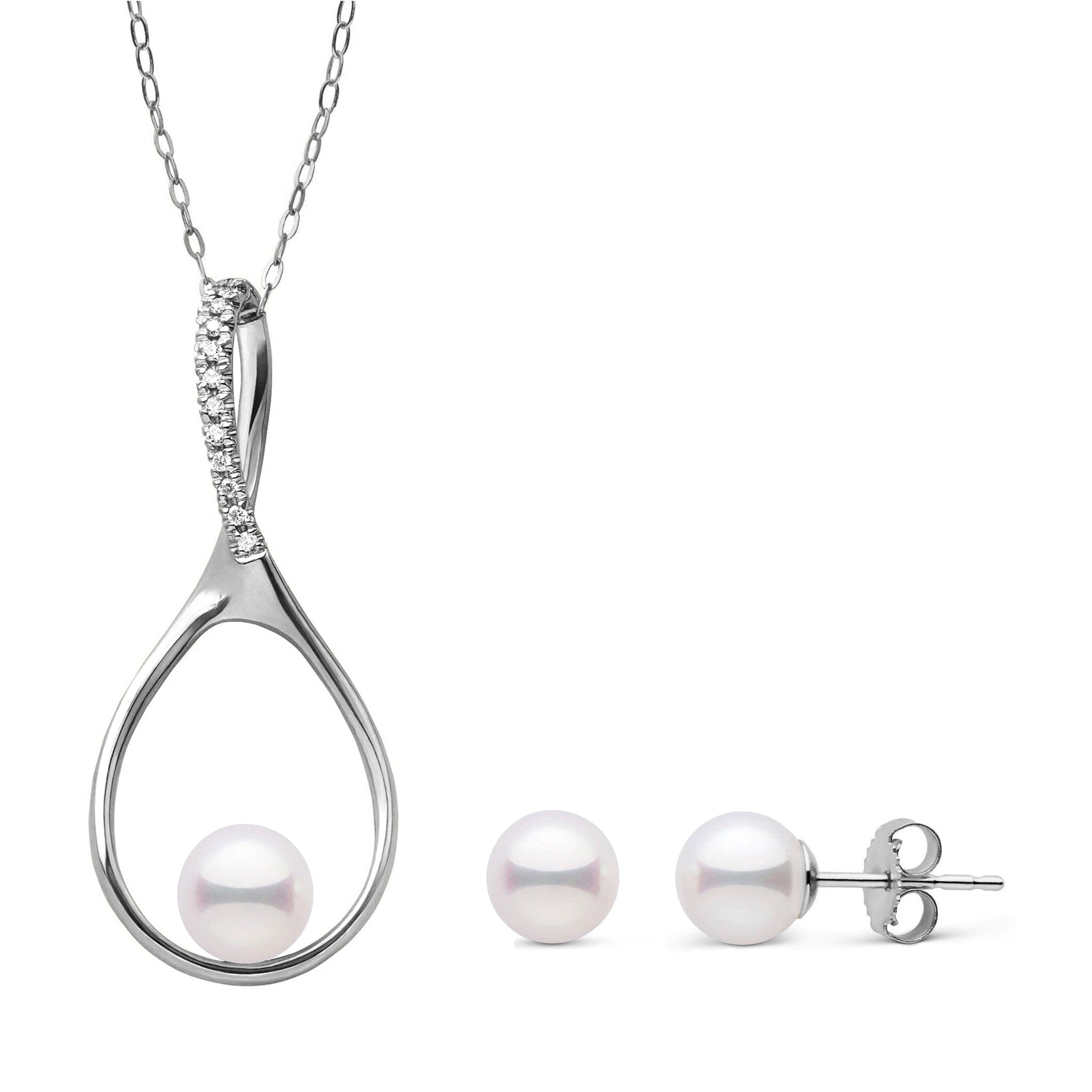 Wishbone Collection 6.0-6.5 mm Akoya Pearl and Diamond Pendant and Stud Earrings Set White Gold