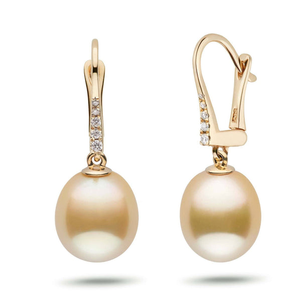 Allure Collection Drop Golden South Sea 10.0-11.0 mm Pearl & Diamond Dangle Earrings featuring lustrous golden South Sea pearls with delicate diamond-accented gold settings.
