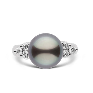 Always Collection 10.0-11.0 mm Tahitian Pearl and Diamond Ring featuring a large dark Tahitian pearl centerpiece flanked by sparkling diamonds on a polished band.