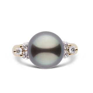 Always Collection 11.0-12.0 mm Tahitian Pearl and Diamond Ring featuring a large dark Tahitian pearl set in a gold band accented by sparkling round diamonds on each side.