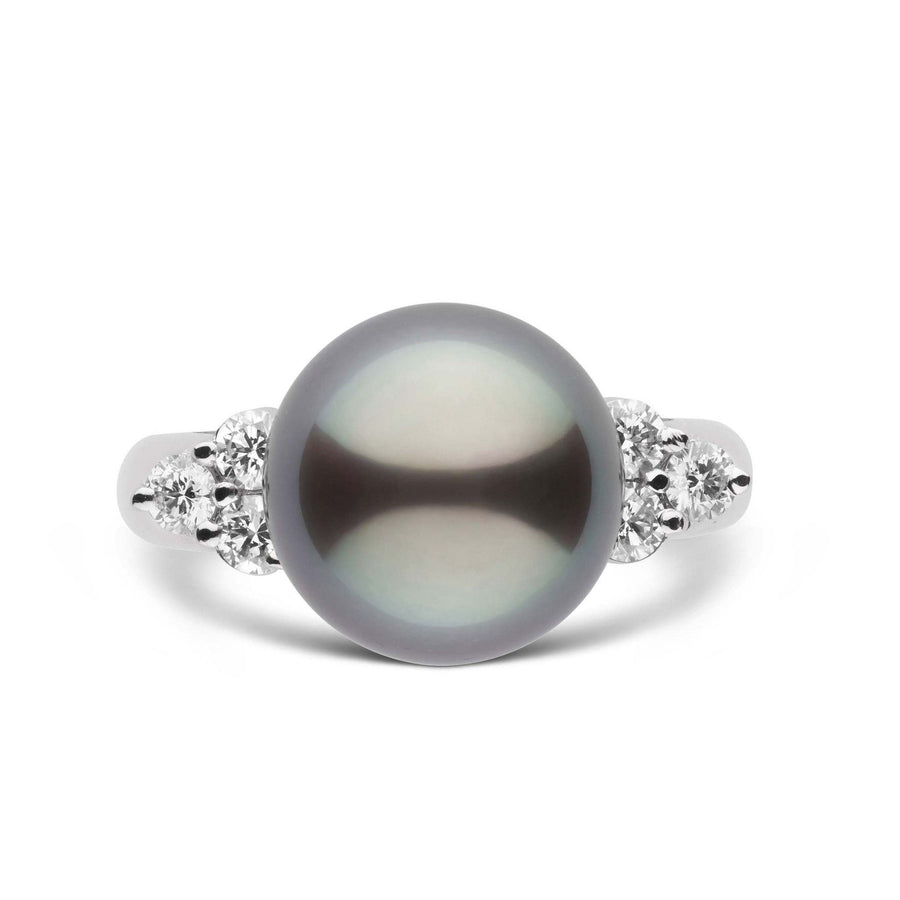Always Collection 11.0-12.0 mm Tahitian Pearl and Diamond Ring featuring a lustrous dark Tahitian pearl flanked by sparkling round diamonds in a polished white metal setting.