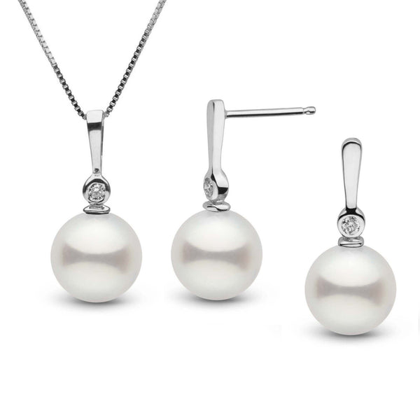 Aspire Collection 7.5-8.0 mm Freshadama Pearl and Diamond Pendant and Earrings Set featuring white freshwater pearls with elegant diamond accents on sterling settings