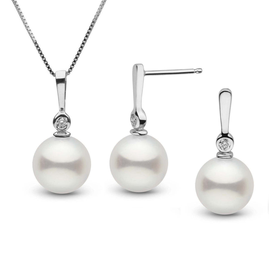 Aspire Collection 7.5-8.0 mm Freshadama Pearl and Diamond Pendant and Earrings Set featuring white freshwater pearls with elegant diamond accents on sterling settings