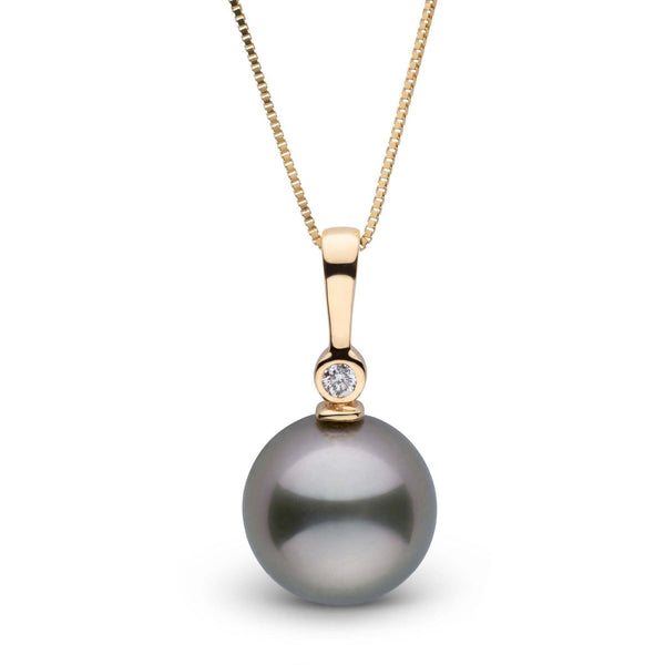 Aspire Collection Tahitian 10.0-11.0 mm Pearl and Diamond Pendant featuring a lustrous dark Tahitian pearl accented with a sparkling diamond set in a gold pendant on a delicate chain.