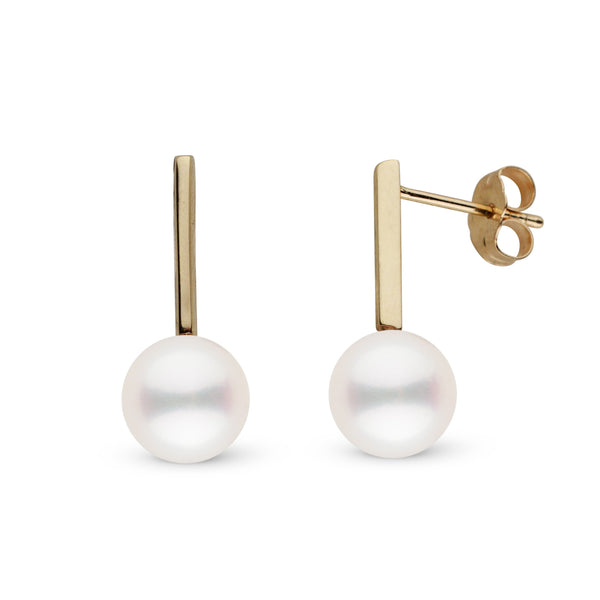 Bar Collection 7.5-8.0 mm Freshadama Pearl Earrings featuring classic white freshwater pearls set on sleek gold bar studs, perfect for elegant everyday wear.