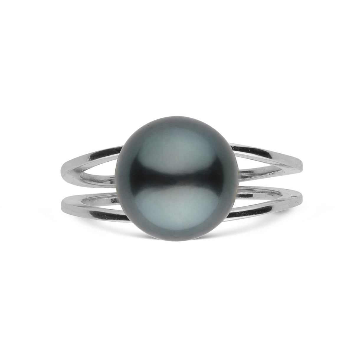 Bridge Collection 10.0-11.0 mm Tahitian Pearl Ring featuring a lustrous black Tahitian pearl set on a sleek, modern 14K white gold band with an elegant double split-shank design.