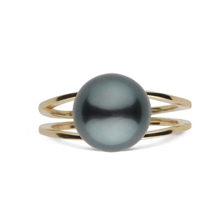 Bridge Collection 10.0-11.0 mm Tahitian Pearl Ring featuring a large dark Tahitian pearl set on a sleek, elegant gold band with minimalist split design.