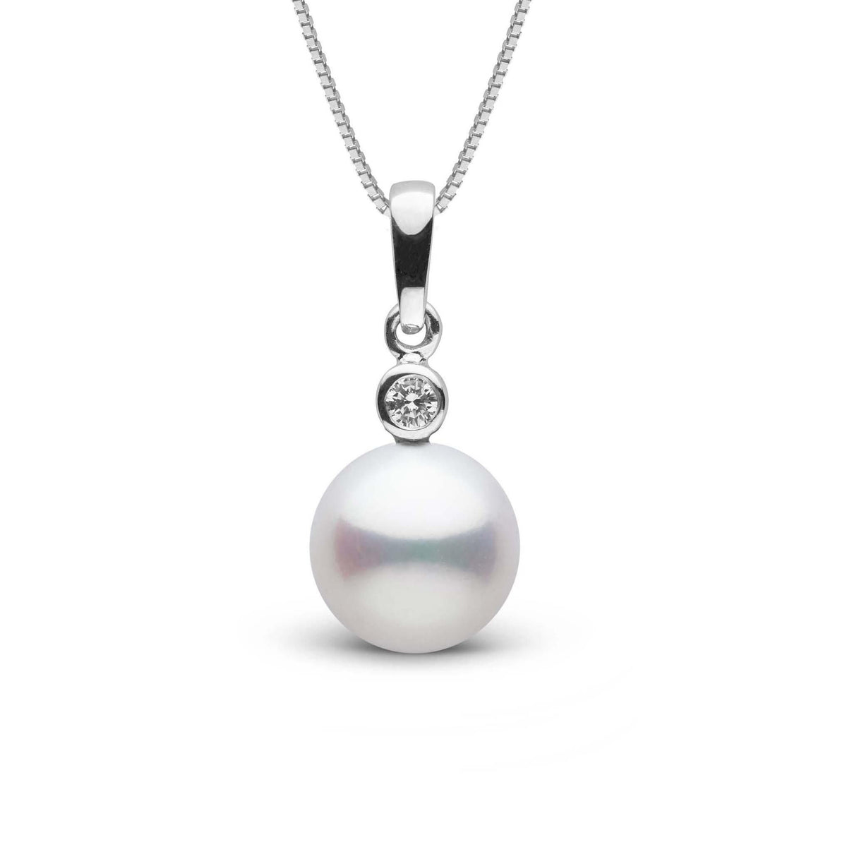 Brilliant Collection 9.0-10.0 mm Freshadama Freshwater Pearl and Diamond Pendant featuring a lustrous white pearl with a single sparkling diamond set in a sleek 14K white gold pendant design.
