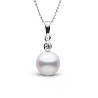 Brilliant Collection 9.0-10.0 mm Freshadama Freshwater Pearl and Diamond Pendant featuring a lustrous white pearl with a single sparkling diamond set in a sleek 14K white gold pendant design.
