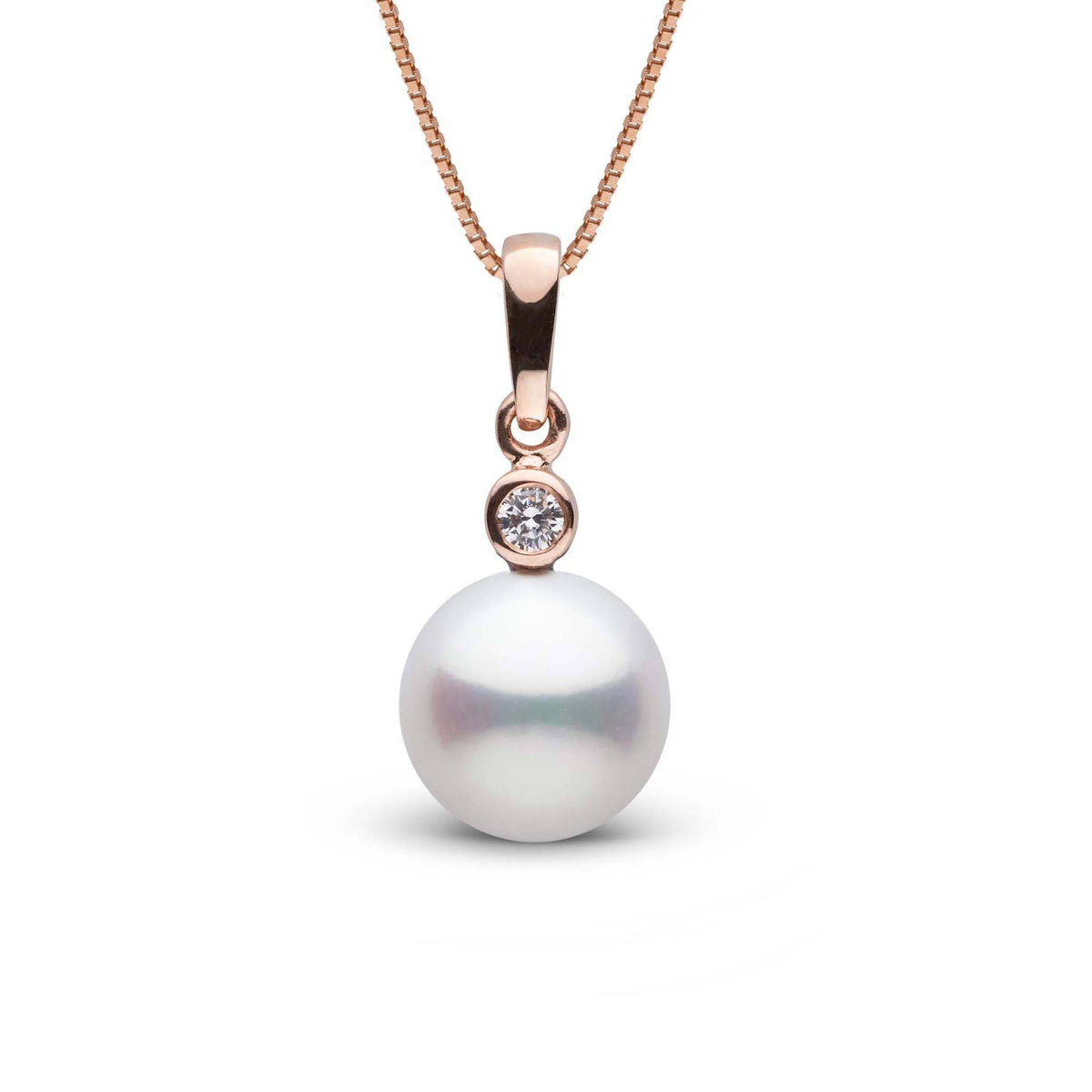 Brilliant Collection 9.0-10.0 mm Freshadama Freshwater Pearl and Diamond Pendant featuring a lustrous white freshwater pearl accented by a sparkling diamond set in a delicate rose gold bail.