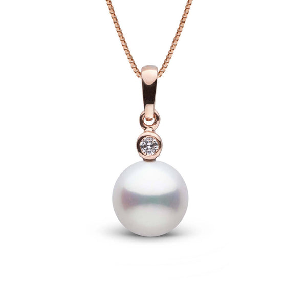 Brilliant Collection 9.0-10.0 mm Freshadama Freshwater Pearl and Diamond Pendant featuring a lustrous white freshwater pearl accented by a sparkling diamond set in a delicate rose gold bail.