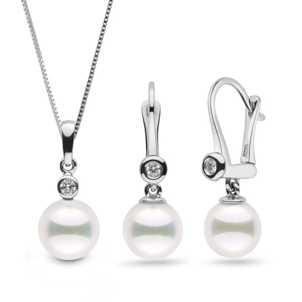 Brilliant Romantic Akoya 8.0-8.5 mm Pearl & Diamond Pendant and Earrings Set white gold