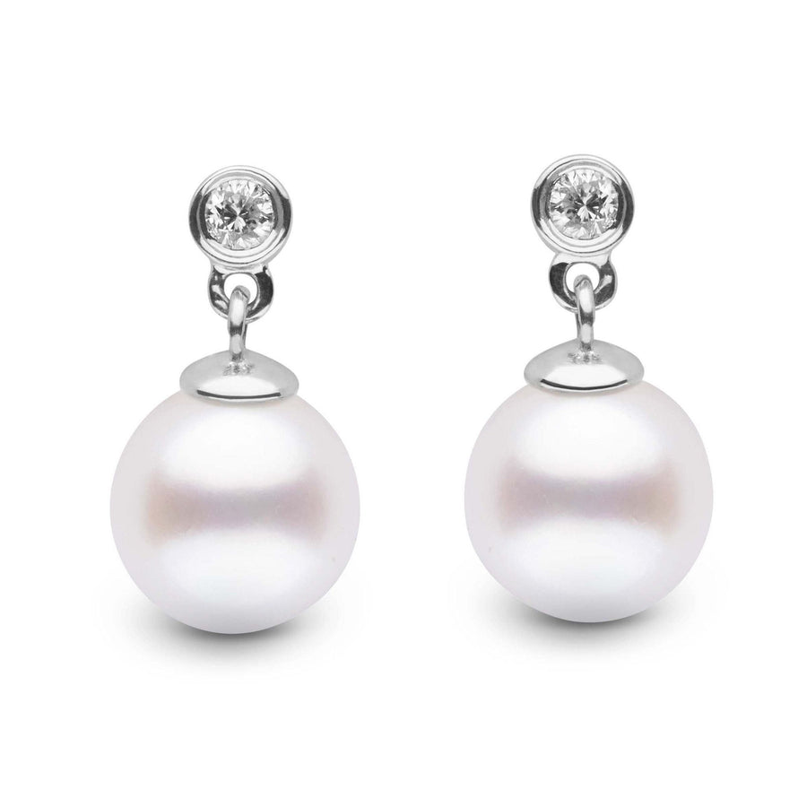 Brilliant Collection White Freshadama 7.5-8.0 mm Pearl & Diamond Earrings featuring round white pearls suspended from sparkling diamond studs in a sleek, elegant design.
