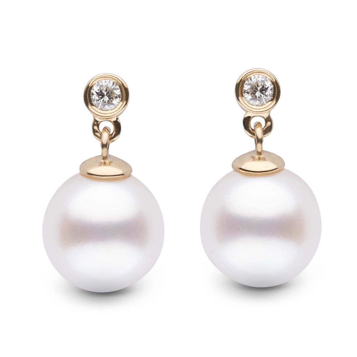 Brilliant Collection White Freshadama 8.5-9.0 mm Pearl & Diamond Earrings featuring round white freshwater pearls suspended from sparkling diamond studs with gold accents.