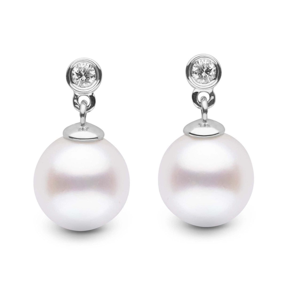 Brilliant Collection White Freshadama 8.5-9.0 mm Pearl & Diamond Earrings featuring round white pearls suspended from sparkling diamonds set in 14K white gold.