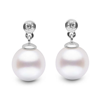 Brilliant Collection White Freshadama 8.5-9.0 mm Pearl & Diamond Earrings featuring round white pearls suspended from sparkling diamonds set in 14K white gold.