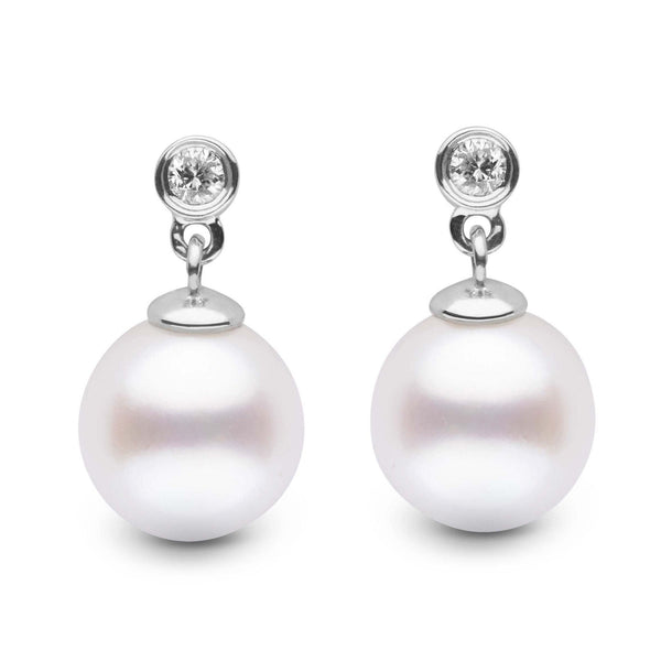 Brilliant Collection White Freshadama 8.5-9.0 mm Pearl & Diamond Earrings featuring round white pearls suspended from sparkling diamonds set in 14K white gold.