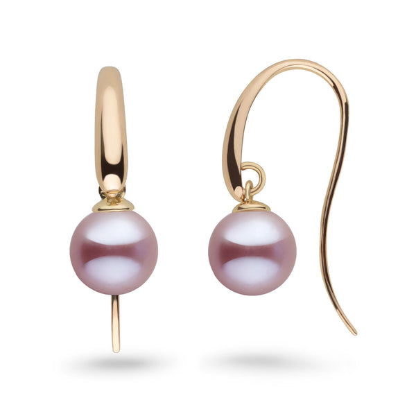 Cascade Collection 8.5-9.0 mm Lavender Freshadama Pearl Earrings featuring round lavender freshwater pearls set on elegant gold hooks, showcasing refined craftsmanship and timeless style.