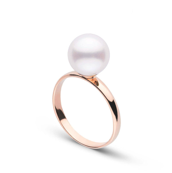 A single perfect akoya pearl set atop a simple 14 karat rose gold band.