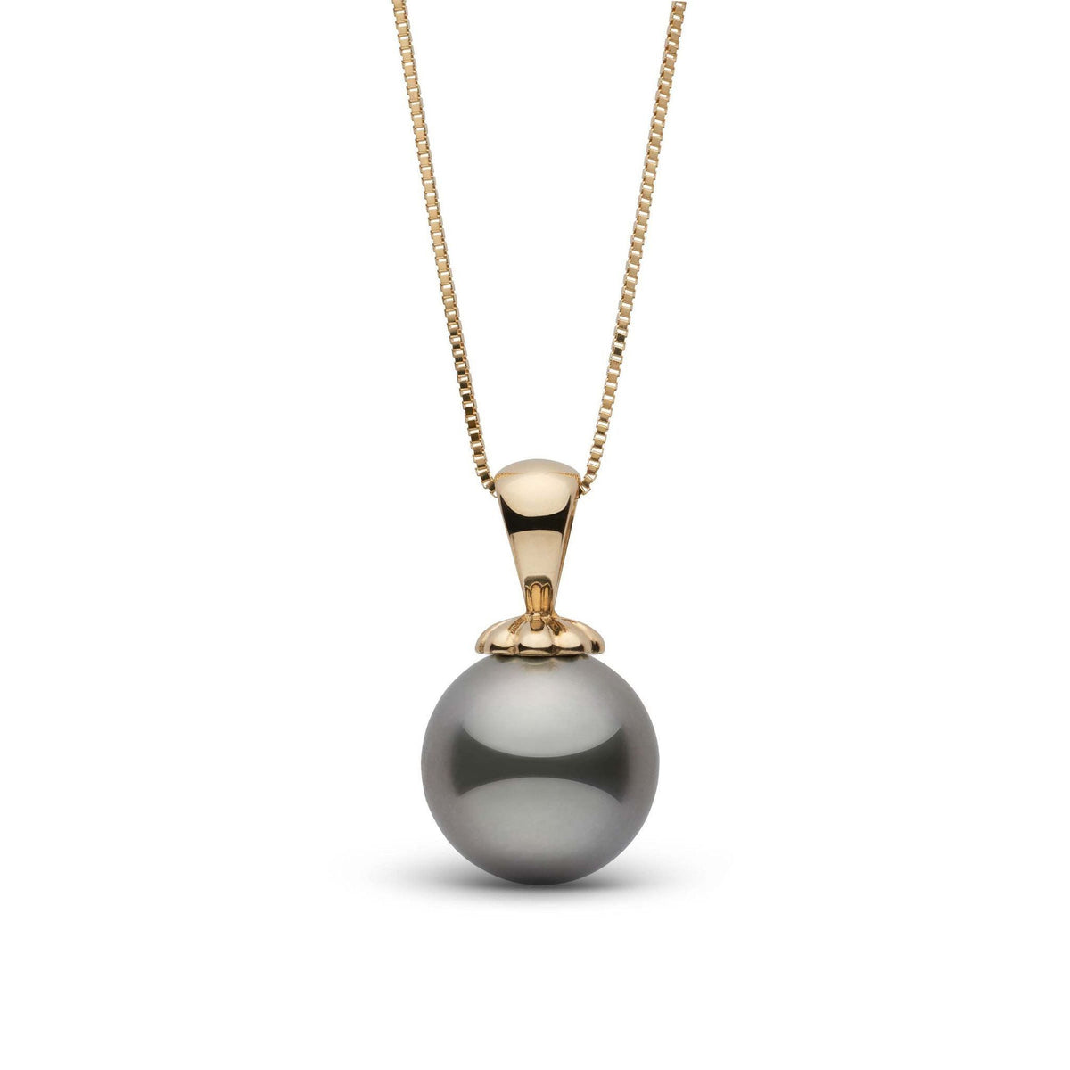 Classic Collection 8.0-9.0 mm Tahitian Pearl Pendant featuring a lustrous black tahitian pearl set on a simple elegant gold bail and chain, perfect for sophisticated style.