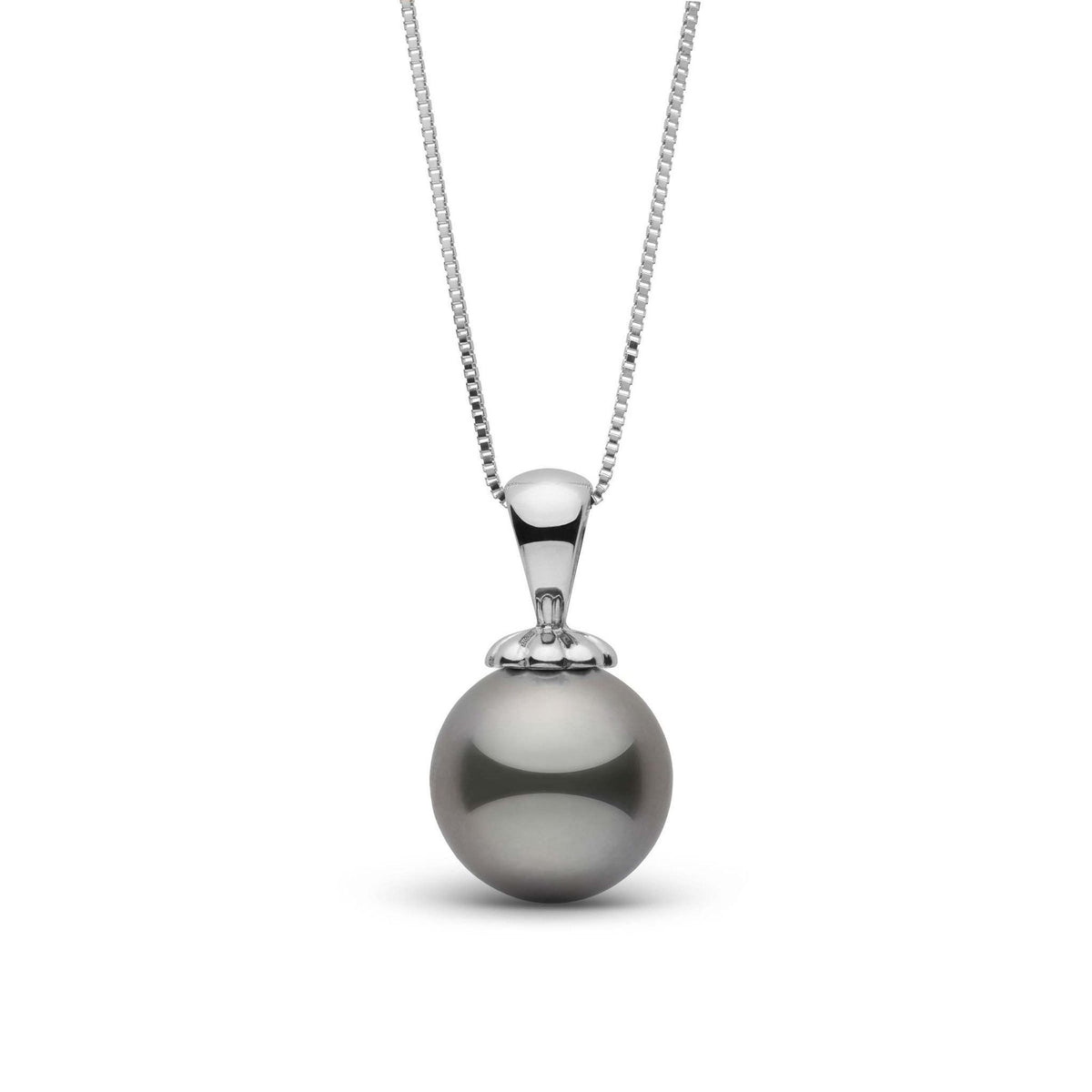 Classic Collection 8.0-9.0 mm Tahitian Pearl Pendant featuring a lustrous gray-black cultured pearl on a sleek 14K white gold chain, showcasing elegant and timeless design.