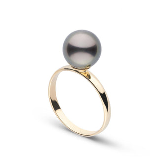 Classic Collection 8.0-9.0 mm Tahitian Pearl Ring featuring a lustrous dark gray Tahitian pearl set on a polished yellow gold band, elegant and timeless design.