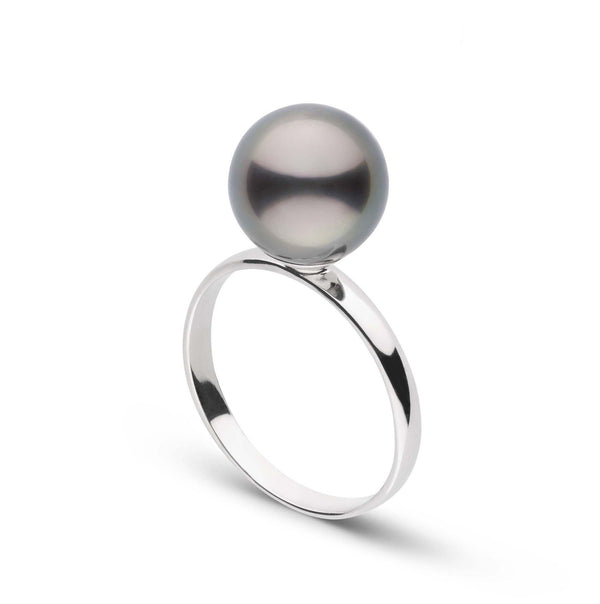 Classic Collection 9.0-10.0 mm Tahitian Pearl Ring featuring a single large black Tahitian pearl set on a sleek polished white gold band, elegant and timeless design.