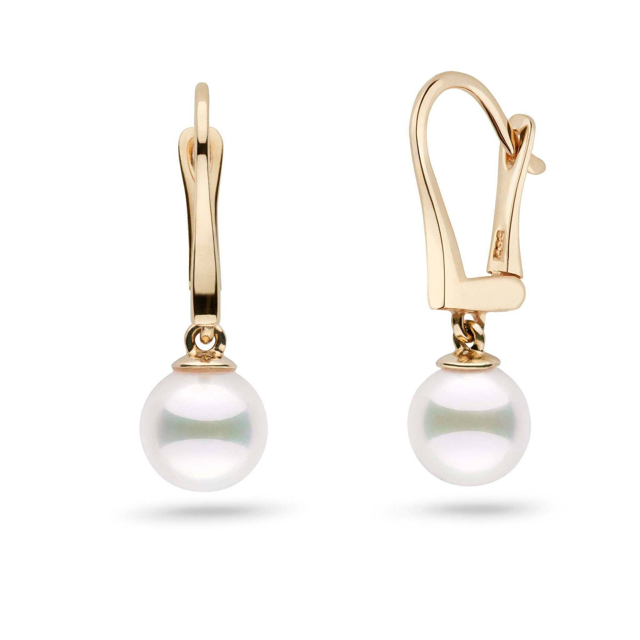 Classic Collection White Akoya 7.0-7.5 mm Pearl Dangle Earrings yellow gold