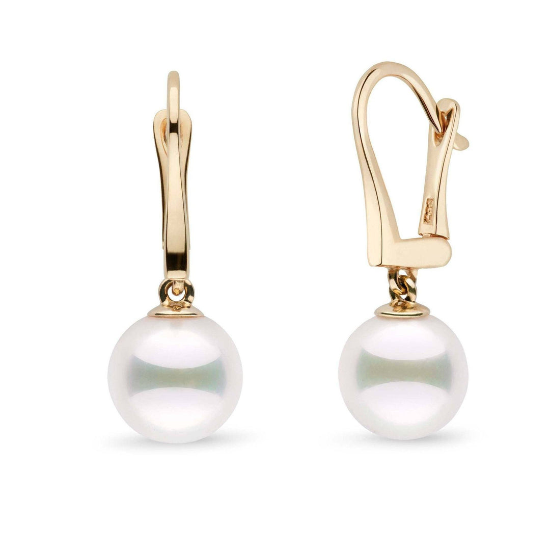 Classic Collection White Akoya 9.0-9.5 mm Pearl Dangle Earrings yellow gold