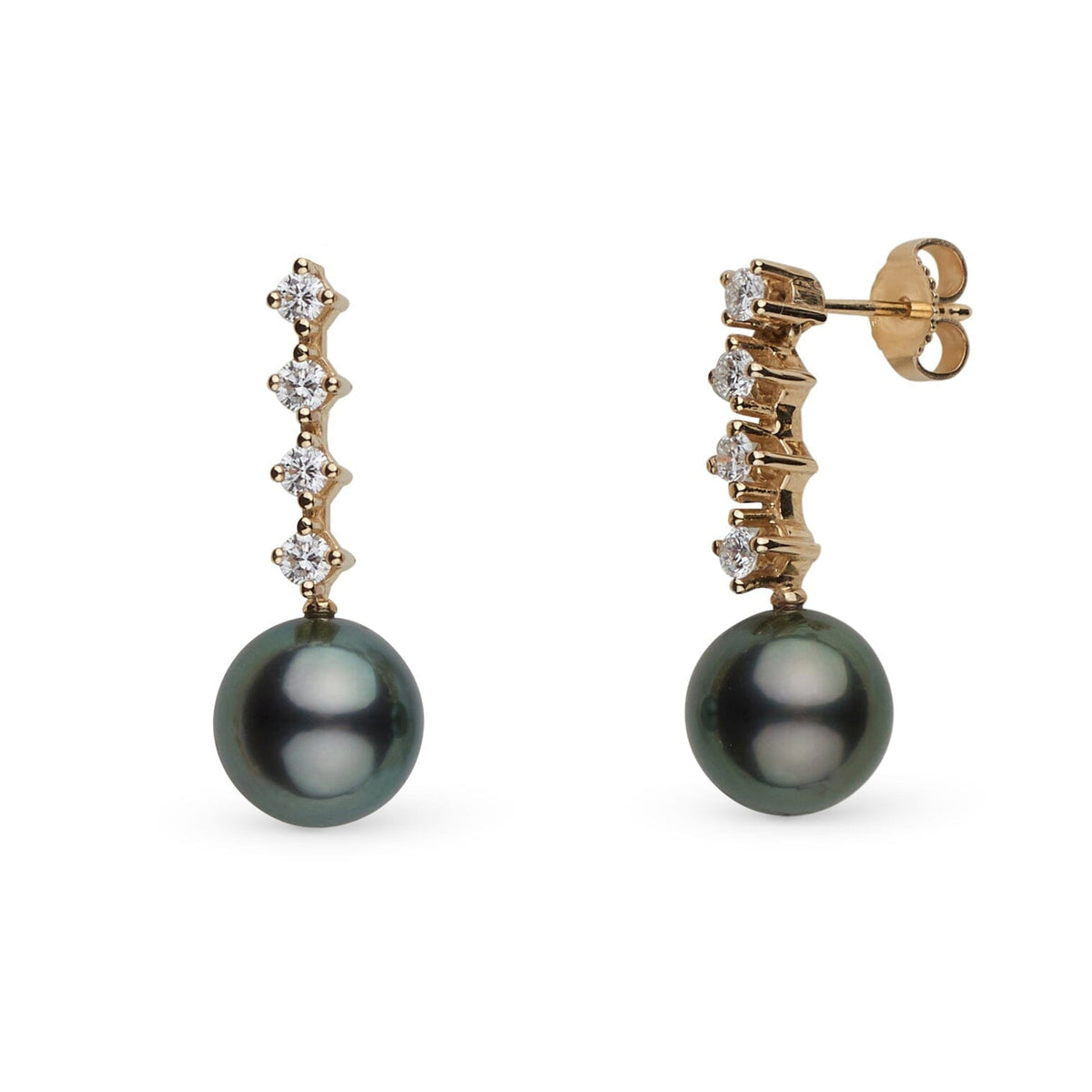 9.0-10.0 mm Tahitian Pearl and Diamond Luminary Earrings featuring deep black tahitian pearls suspended from a vertical row of sparkling diamonds set in yellow gold.
