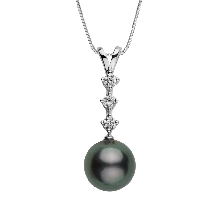 9.0-10.0 mm Tahitian Pearl and Diamond Luminary Pendant featuring a dark cultured pearl with a vertical row of sparkling diamonds on a fine chain.