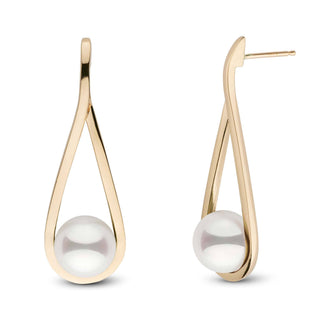 Cradle Collection 8.0-8.5 mm Akoya Pearl Earrings featuring elegant white akoya pearls set in a modern, sleek gold frame for a sophisticated and timeless look.