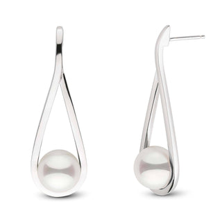 Cradle Collection 8.0-8.5 mm Akoya Pearl Earrings featuring lustrous white akoya pearls set in elegant, polished 14K white gold drop-shaped settings for a timeless and sophisticated look.