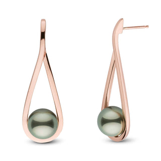 Cradle Collection 8.0-9.0 mm Tahitian Pearl Earrings featuring sleek rose gold teardrop frames showcasing lustrous dark Tahitian pearls for an elegant and modern look.