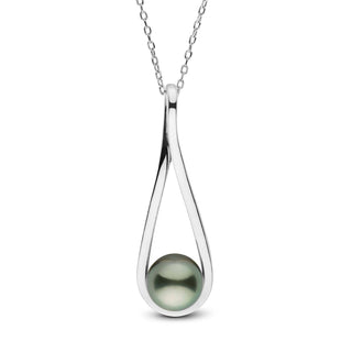 Cradle Collection 8.0-9.0 mm Tahitian Pearl Pendant featuring a lustrous dark green Tahitian pearl suspended in an elegant 14K white gold teardrop-shaped setting on a delicate chain.
