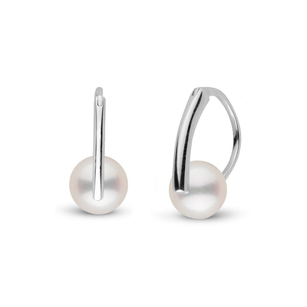 Deco Collection 7.5-8.0 mm Freshadama Pearl Earrings featuring lustrous white freshwater pearls set on polished 14K white gold leverback hooks for an elegant and timeless look.