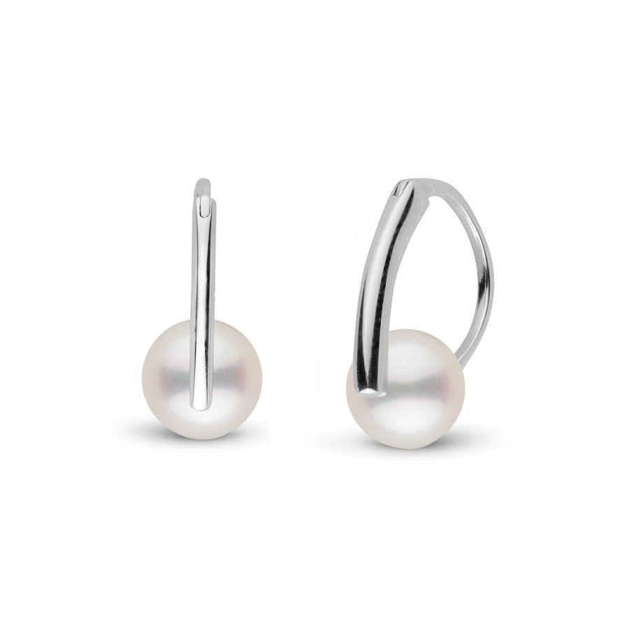 Deco Collection 7.5-8.0 mm Freshadama Pearl Earrings featuring lustrous white freshwater pearls set on polished 14K white gold leverback hooks for an elegant and timeless look.