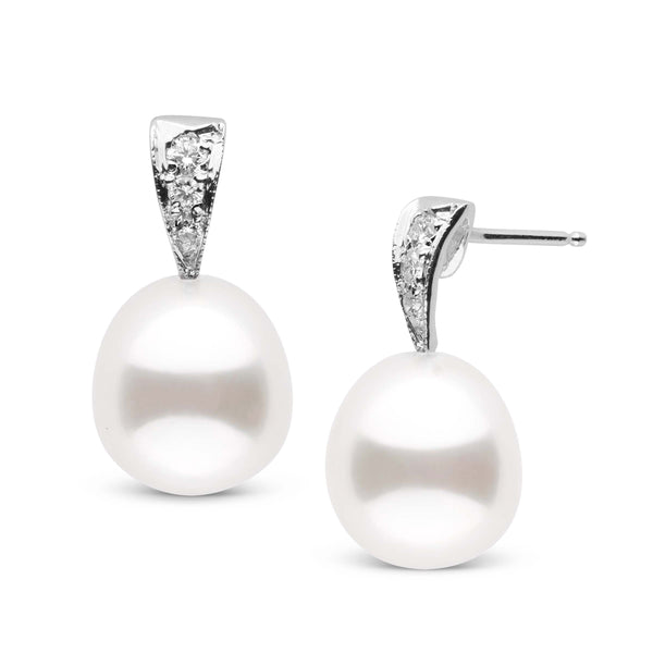 Desire Collection Drop White South Sea 10.0-11.0 mm Pearl and Diamond Earrings featuring lustrous white pearls and sparkling diamond accents on 14K white gold posts.