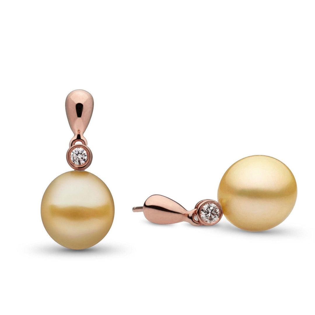 Dew Collection Drop Golden South Sea 10.0-11.0 mm Pearl and Diamond Earrings featuring lustrous golden pearls and sparkling diamonds set in a polished rose gold design.