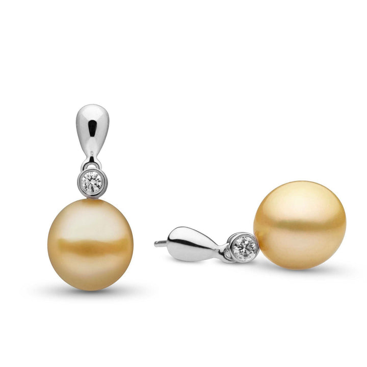 Dew Collection Drop Golden South Sea 10.0-11.0 mm Pearl and Diamond Earrings featuring lustrous golden pearls set with sparkling diamonds on silver drop studs.